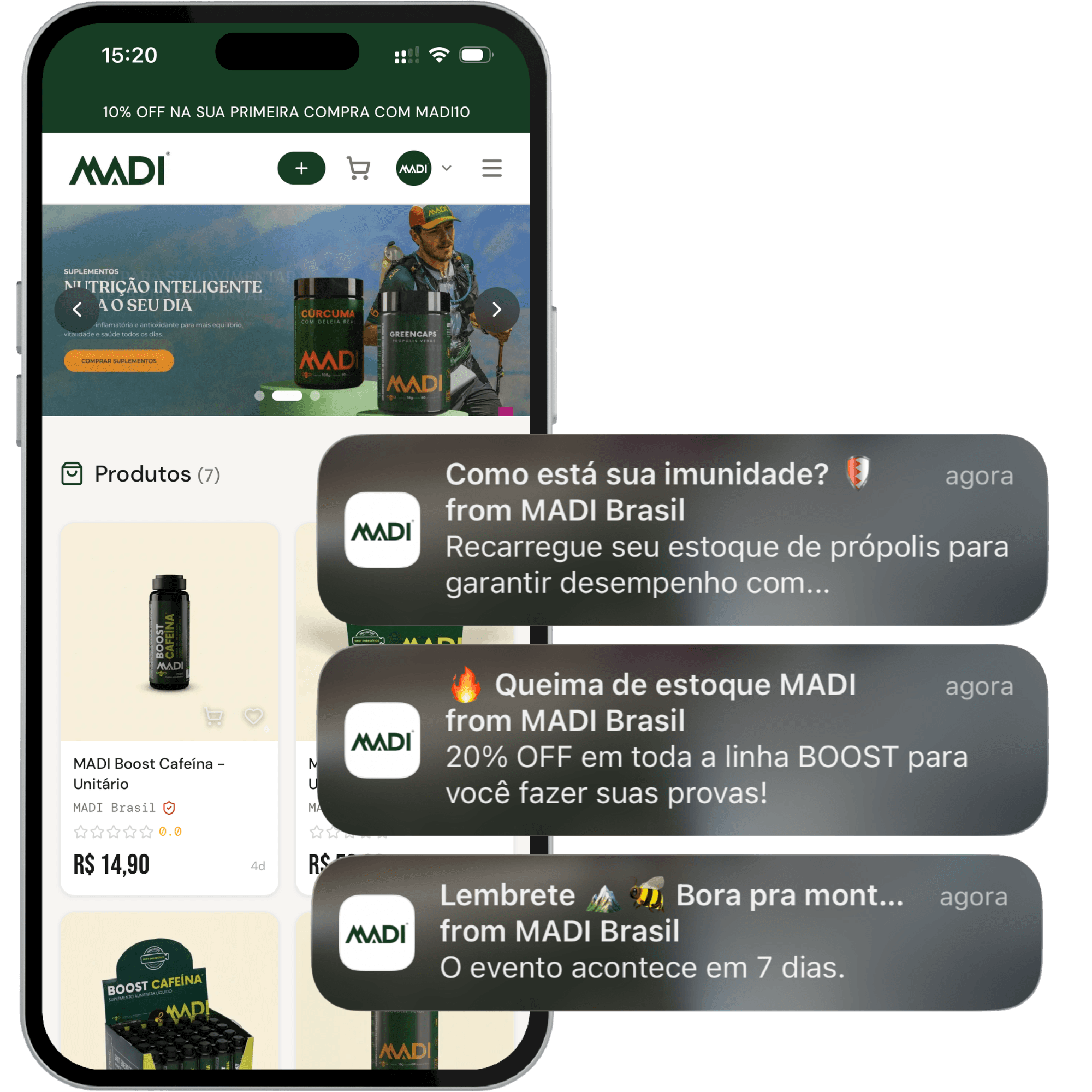 App da loja no celular: vitrine de produtos, notificações e eventos