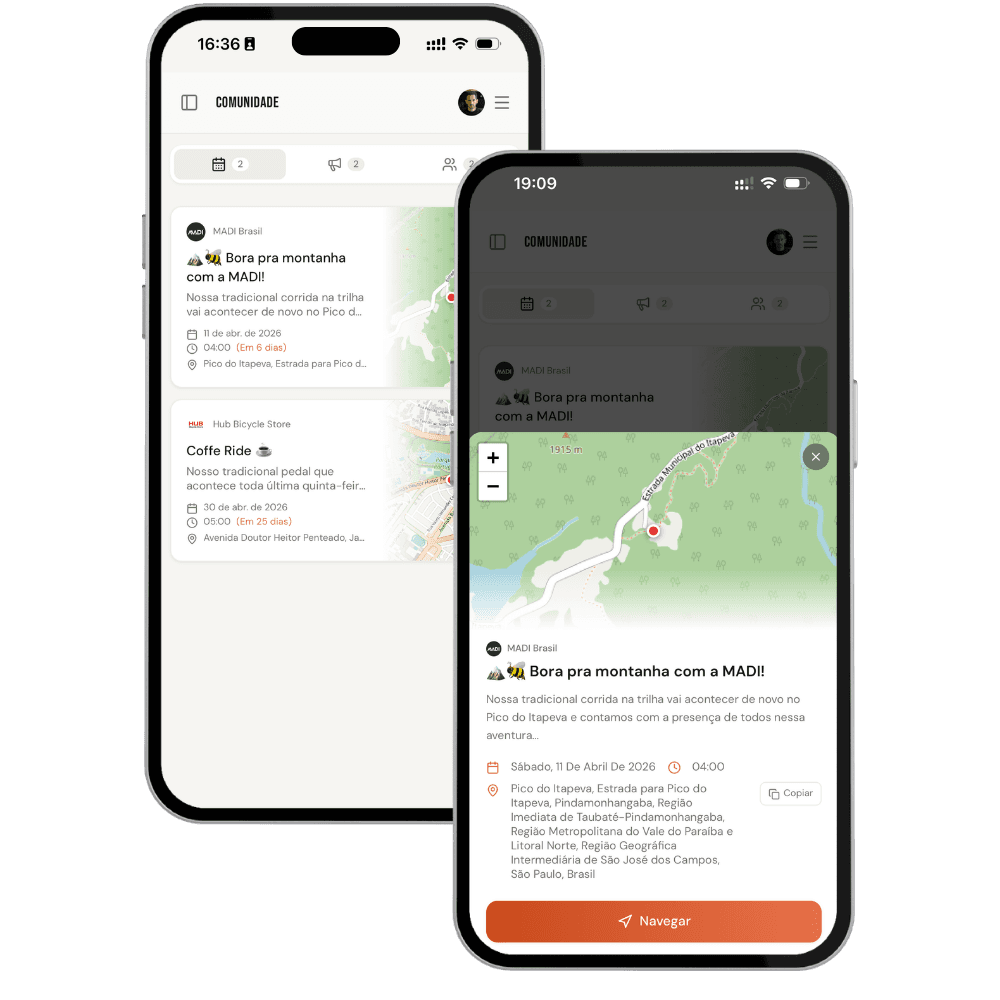 Mockup do app mostrando eventos da assessoria